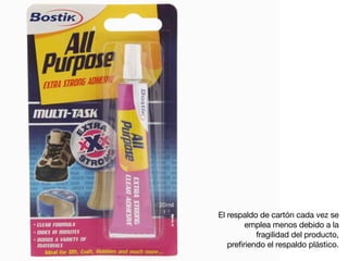 El respaldo de cartón cada vez se
emplea menos debido a la
fragilidad del producto,
prefiriendo el respaldo plástico.