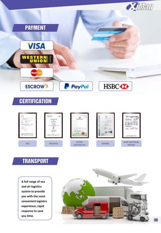 PAYMENT
CERTIFICATION
SGS EN13432
PATEN
CERTIFICATE
ISO9001
RAW MATERIAL
REPORT
TRANSPORT
A full range of sea
and air logistics
system to provide
you with the most
convenient logistics
experience, rapid
response to save
you time.
06
 
