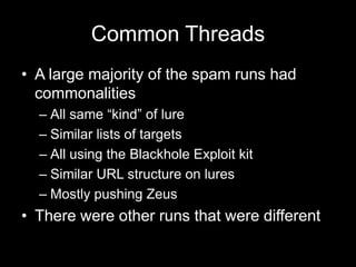 Common Threads
• A large majority of the spam runs had
commonalities
– All same “kind” of lure
– Similar lists of targets
– All using the Blackhole Exploit kit
– Similar URL structure on lures
– Mostly pushing Zeus
• There were other runs that were different
 