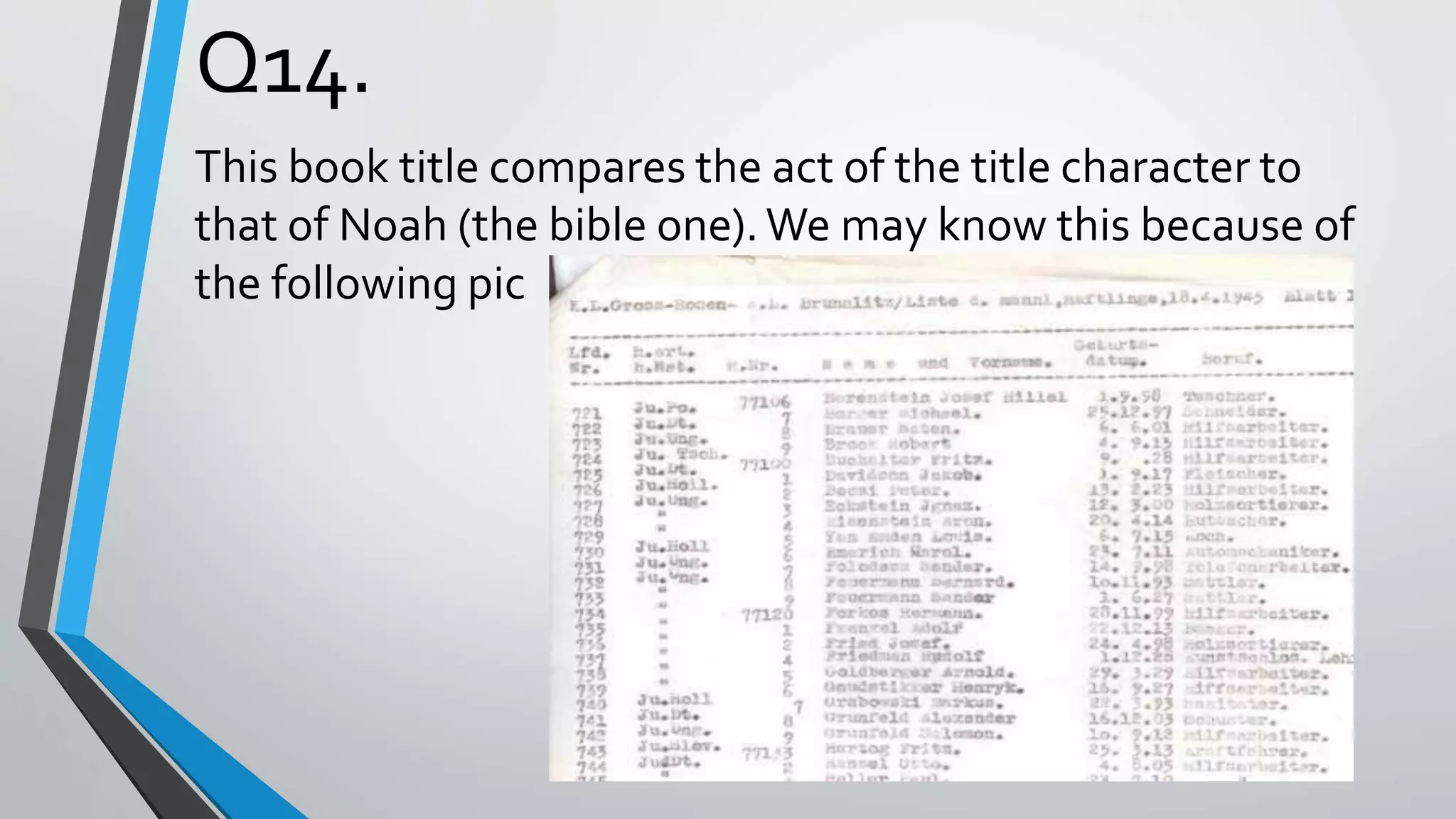 Q14.
This book title compares the act of the title character to
that of Noah (the bible one).We may know this because of
the following pic
 