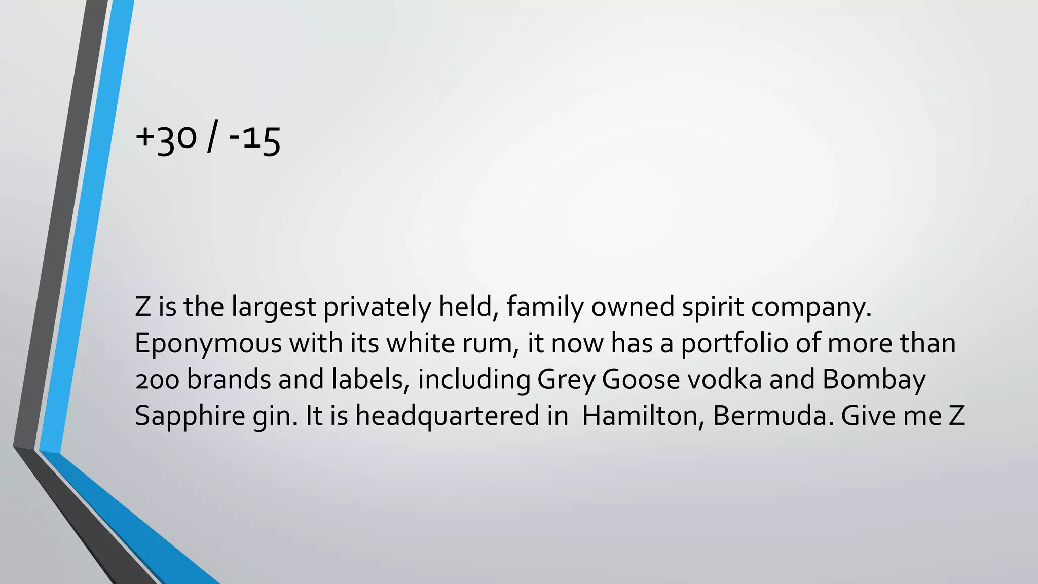 +30 / -15
Z is the largest privately held, family owned spirit company.
Eponymous with its white rum, it now has a portfolio of more than
200 brands and labels, including Grey Goose vodka and Bombay
Sapphire gin. It is headquartered in Hamilton, Bermuda. Give me Z
 