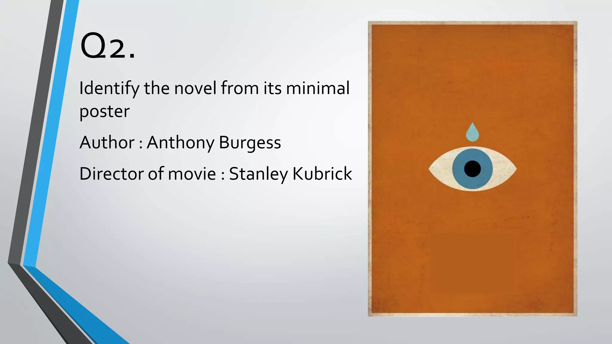 Q2.
Identify the novel from its minimal
poster
Author : Anthony Burgess
Director of movie : Stanley Kubrick
 