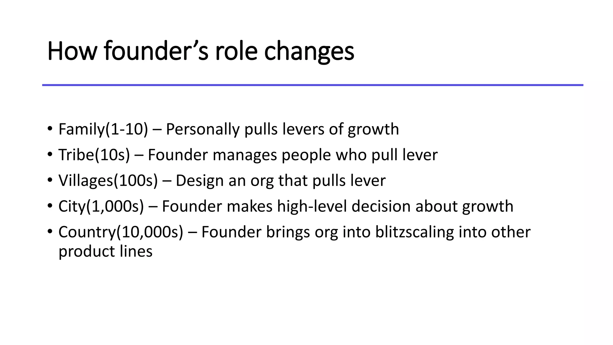 How founder’s role changes
• Family(1-10) – Personally pulls levers of growth
• Tribe(10s) – Founder manages people who pull lever
• Villages(100s) – Design an org that pulls lever
• City(1,000s) – Founder makes high-level decision about growth
• Country(10,000s) – Founder brings org into blitzscaling into other
product lines
 