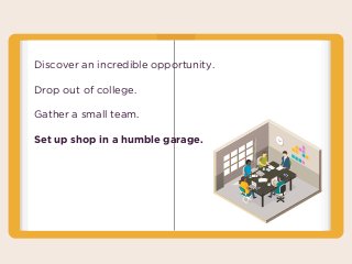 Discover an incredible opportunity.
Drop out of college.
Gather a small team.
Set up shop in a humble garage.
 
