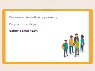 Discover an incredible opportunity.
Drop out of college.
Gather a small team.
 