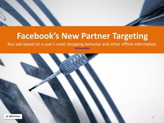 21 
@dennisyu 
Facebook’s New Partner Targeting 
Run ads based on a user’s retail shopping behavior and other offline information. 
Get the numbers.  