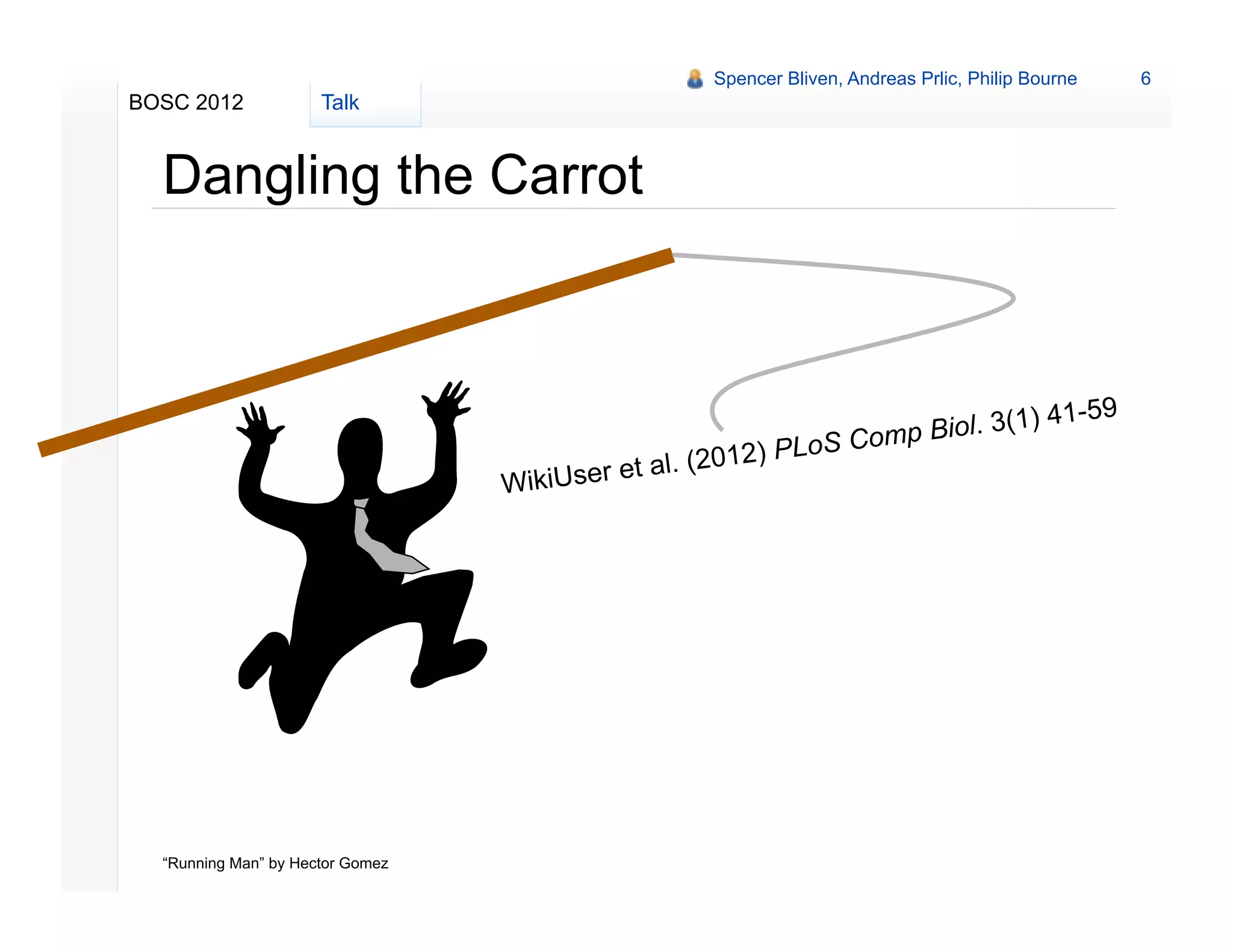 Spencer Bliven, Andreas Prlic, Philip Bourne    6
BOSC 2012             Talk


  Dangling the Carrot



                                                                                  3(1)      41-59
                                                                     SC omp Biol.
                                                   (201   2 ) PL o
                                  WikiU ser et al.




  “Running Man” by Hector Gomez
 