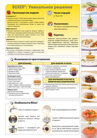 Преимущества модели:
2 аппарата в 1!
Бликсер сочетает в себе функции двух хорошо известных
аппаратов: блендера и куттера-миксера.
Бликсер быстро и качественно готовит любые жидкие,
полужидкие или пюреобразные блюда из сырых или
вареных продуктов.
Эффективность:
Большая вместимость для жидкости, крышка, скребок и
герметичная прокладка делают бликсеры особенно удоб-
ными для приготовления любых смесей, в том числе
для питания через зонд в больницах.
Надежность:
Система защиты крышки и тормоз двигателя приводят к
остановке аппарата в момент открытия чаши и гарантиру-
ют полную безопасность использования.
Идеальная гигиена:
Все детали, находящиеся в контакте с продуктами, легко
разбираются и хорошо очищаются, строго соответствуя
санитарно-гигиеническим нормам (NSF).
Число порций:
от 10 до 100
Назначение:
Рестораны, санатории, больницы,
дома престарелых
Коротко:
Идеально приспособлены для удовлет-
ворения профессиональных нужд: быст-
рые, эффективные, простые, надежные,
обеспечиваютвысокоекачествоконечного
подукта без малейшей потери вкусовых
качеств.
BLIXER®
: Уникальное решение
Возможности приготовления
ДЛЯ БОЛЬНИЦ
Пюреобразные смеси
Измельчение: мясо, рыба...
Муссы: овощи, рыба...
Овощные пюре
Фруктовые пюре.
Полужидкие смеси
Достаточно растворить
пюреобразные смеси:
супы / супы-пюре
рубленое мясо + соус
пюре + жидкость (бульон, молоко...)
фруктовые пюре + сироп или вода.
Жидкие смеси
(для питания чрез зонд)
Протертые супы и любые смеси,
могущие разжижаться.
ДЛЯ ФАБРИК-КУХОНЬ
Сливочные приправы: чесночные,
из лосося, с петрушкой...
Соусы: зеленый, майонез, айоли
с красным перцем, провансаль,
сметанный, томатный, с петрушкой...
Густые супы: лангустины,
омары, ракообразные...
ДЛЯ ФАРМАЦЕВТИЧЕСКИХ И
ХИМИЧЕСКИХ ЛАБОРАТОРИЙ
Размалывание: растения, семена, кристаллические
порошки, таблетки...
Перемешивание: гомогенизация, изготовление
мазей, кремов, пасты...
Чаша со скребком и крышка
Высокие края емкости для
обработки большого объема
жидкости
Крышка с прокладкой для
идеальной герметичности
Возможность регулирования скорос-
ти (от 300 до 3000 об/мин) повышает
разнообразие и выбор использования
Скорость 3000 об/мин для растирания
в порошок
Нож с микрозазубренным лезвием
Особенности Blixer®
 