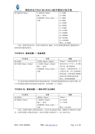 博陆科电子BLK-MD-BC04-B蓝牙模块AT指令集
AT+BAUD< Para1>          1.+BAUD=<Para1>          1---1200
                         OK——成功                   2---2400
                         2.ERROR=<Error_Code>——   3---4800
                         失败                       4---9600
                                                  5---19200
                                                  6---38400
                                                  7---57600
                                                  8---115200
                                                  9---230400
                                                  A---460800
                                                  B---921600
                                                  C---1382400
                                                  默认：4---9600
  注意：波特率更改以后，如果不是默认的 9600，在以后参数设置或进行数据通信时，
需使用所设置的波特率。


下行命令 9：查询/设置——设备类型

         下行命令                      应答                        参数
AT+COD                   +COD=<Para1>,<Para2>     <Para1>：本地设备类型（长
AT+COD< Para1>,<Para2>   1.+COD=<Para1>,<Para2>   度必须为 6 个字节）    ，在从模
                         OK——成功                   式生效，被对端检索
                         2.ERROR=<Error_Code>——   <Para2>：过滤设备类型，在
                         失败                       主模式生效，用于过滤搜索
                                                  到的设备（如果设置 000000
                                                  则返回所有搜索到的设备）
                                                  默认：001f00,000000
  为了能有效地对周围诸多蓝牙设备实施过滤，  并快速查询或被查询自定义蓝牙设备，用
户可以将模块设置为非标准蓝牙设备类型，如 001f00（十六进制）。


下行命令 10：查询/设置——模块 SPP 主从模式

         下行命令                      应答                        参数
AT+ROLE                  +ROLE=<Para1>            <Para1>：
AT+ROLE< Para1>          1.+ROLE=<Para1>          0---从设备
                         OK——成功                   1---主设备
                         2.ERROR=<Error_Code>——
                         失败                       默认：0 从设备
  注意：在硬件设置主从模式状态时，可以用 AT+ROLE 查询，设置命令不能更改主从模
式。在软件设置主从模式状态时，此命令设置主从模式在下一次上电时生效。




电话：0755-26509941             网址：www.bolutek.cn                  Page 4 of 20
 