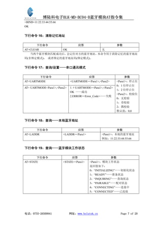 博陆科电子BLK-MD-BC04-B蓝牙模块AT指令集
+BIND=11:22:33:44:55:66
OK


下行命令 16：清除记忆地址

        下行命令                         应答                         参数
AT+CLEAR                  OK                       无
   当两个蓝牙模块匹配成功后， 会记住对方的蓝牙地址，本命令用于清除记忆的蓝牙地址
码(非绑定模式)， 或者绑定的蓝牙地址码(绑定模式)。


下行命令 17：查询/设置——串口通讯模式

           下行命令                            应答                        参数
AT+UARTMODE                    +UARTMODE=<Para1>,<Para2>        <Para1>：停止位
                                                                0：1 位停止位
AT+ UARTMODE<Para1>,<Para2>    1.＋UARTMODE=<Para1>,<Para2>
                                                                1：2 位停止位
                               OK ——成功
                                                                <Para2>：校验位
                               2.ERROR=<Error_Code>——失败
                                                                0：无校验
                                                                1：奇校验
                                                                2：偶校验
                                                                默认值：0,0


下行命令 18：查询——本地蓝牙地址

        下行命令                         应答                         参数
AT+LADDR                  +LADDR=<Para1>           <Para1>：本地的蓝牙地址
                                                   例如：11:22:33:44:55:66


下行命令 19：查询——蓝牙模块工作状态

        下行命令                    应答                         参数
AT+STATE                  +STATE=<Para1>   <Para1>：模块工作状态
                                           返回值如下：
                                           0：“INITIALIZING”——初始化状态
                                           1：“READY”——准备状态
                                           2：“INQUIRING”——查询状态
                                           3：“PAIRABLE”——配对状态
                                           4：“CONNECTING”——连接中
                                           5：“CONNECTED”——已连接




电话：0755-26509941               网址：www.bolutek.cn                  Page 7 of 20
 