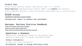 Product Text
Title, bullet points, product description, EBC / A + content
Brand Registry (Enhanced Brand Content (EBC)) an...