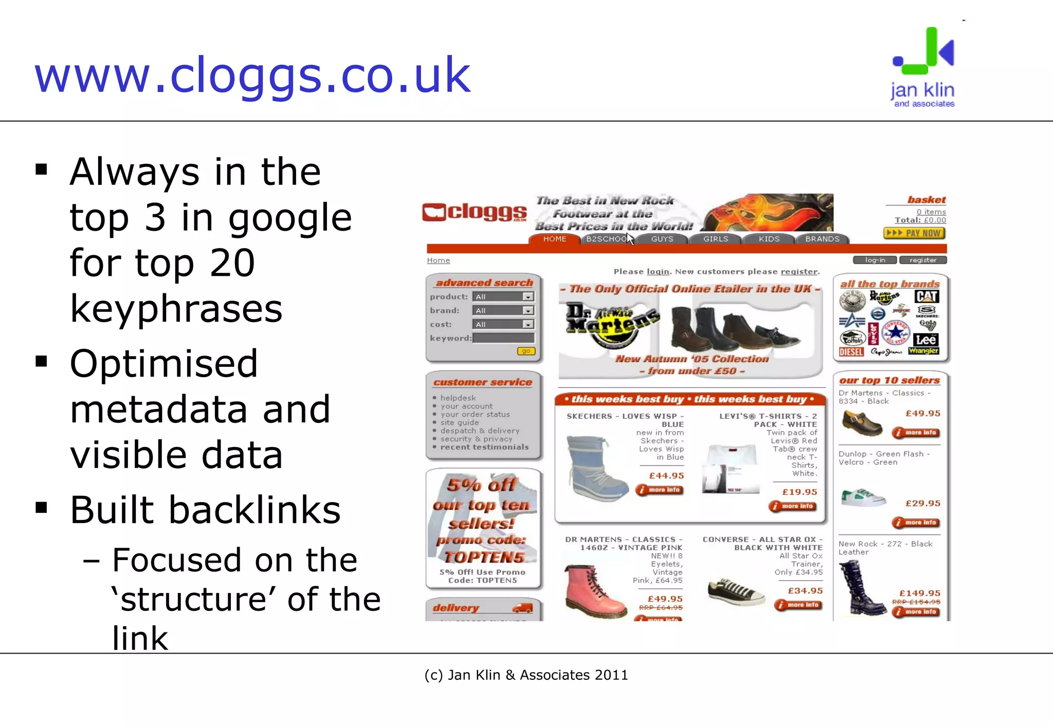 www.cloggs.co.uk Always in the top 3 in google for top 20 keyphrases Optimised metadata and visible data  Built backlinks Focused on the ‘structure’ of the link 