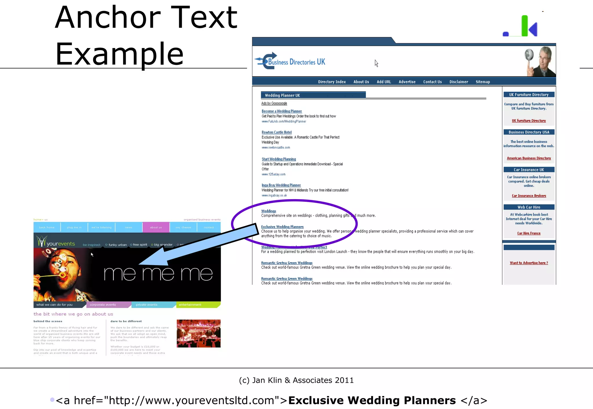 Anchor Text  Example <a href=&quot;http://www.youreventsltd.com&quot;> Exclusive Wedding Planners  </a> 