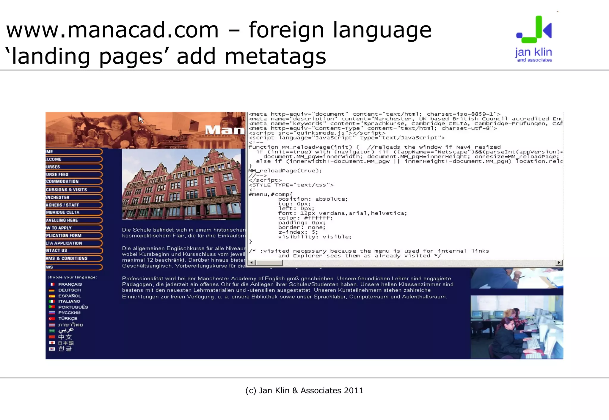 www.manacad.com – foreign language ‘landing pages’ add metatags 