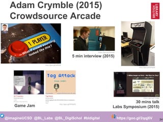 24@imagineUCSD @BL_Labs @BL_DigiSchol #bldigital https://goo.gl/2qqj6V
Adam Crymble (2015)
Crowdsource Arcade
What if crowd sourcing
looked like this?
http://goo.gl/LBfJ4W
http://goo.gl/OH9pOZ
https://goo.gl/7z0j8p
30 mins talk
Labs Symposium (2015)
https://goo.gl/SSRsdd
5 min interview (2015)
http://goo.gl/0APpE8
Game Jam
 