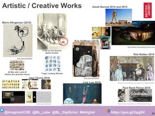 26@imagineUCSD @BL_Labs @BL_DigiSchol #bldigital https://goo.gl/2qqj6V
Artistic / Creative Works
http://goo.gl/dM8ieA
Mario Klingeman (2015)
http://www.crossroadsofcuriosity.com
David Normal 2014 and 2015
https://www.youtube.com/watch?v=-GRgj7Q5OM0
Rob Walker 2014
http://goo.gl/bNxGZZ
Kris Hoffman (2016)
https://goo.gl/QilqqT
Jiayi Chong 2016
Ling Low 2016
https://www.youtube.com/watch?v=bcOP1E5bRE0
https://www.facebook.com/RealmlandStory/
Paul Rand Pierce 2016
A Hat on the Ground
Spells trouble
Tragic Looking Women
44 Men who Look 44
(Notice the direction faces)
 