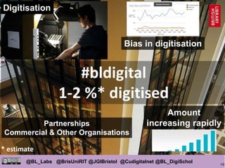 10
@BL_Labs @BrisUniRIT @JGIBristol @Cudigitalnet @BL_DigiSchol
labs@bl.uk https://goo.gl/
#bldigital
1-2 %* digitised
* estimate
Digitisation
Partnerships
Commercial & Other Organisations
Amount
increasing rapidly
Bias in digitisation
http://goo.gl/bR9UJL
Sample Generator
 