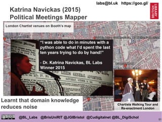51
@BL_Labs @BrisUniRIT @JGIBristol @Cudigitalnet @BL_DigiSchol
labs@bl.uk https://goo.gl/
Katrina Navickas (2015)
Political Meetings Mapper
http://politicalmeetingsmapper.co.uk
https://goo.gl/Qq78Oa
Labs Symposium 2015
https://goo.gl/BSA3be
Interview 2015
The Chartist Newspaper
http://goo.gl/vOLSnH
Chartist Monster Meeting
Chartists Walking Tour and
Re-enactment London
Learnt that domain knowledge
reduces noise
 