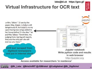 55
@BL_Labs @BrisUniRIT @JGIBristol @Cudigitalnet @BL_DigiSchol
labs@bl.uk https://goo.gl/
Virtual Infrastructure for OCR text
OCR text ‘scraped’ from
digitised newspapers
and put in internal cloud
Jupyter notebook
Write python code and results
in web browser
http://jupyter.org
Access available for researchers ‘in residence’
 
