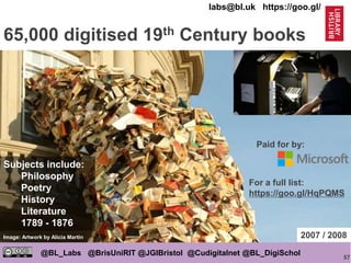 57
@BL_Labs @BrisUniRIT @JGIBristol @Cudigitalnet @BL_DigiSchol
labs@bl.uk https://goo.gl/
65,000 digitised 19th Century books
Image: Artwork by Alicia Martin 2007 / 2008
Paid for by:
For a full list:
https://goo.gl/HqPQMS
Subjects include:
Philosophy
Poetry
History
Literature
1789 - 1876
 