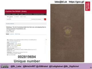 59
@BL_Labs @BrisUniRIT @JGIBristol @Cudigitalnet @BL_DigiSchol
labs@bl.uk https://goo.gl/
002819694
Unique number
 
