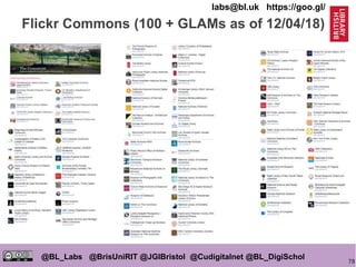 78
@BL_Labs @BrisUniRIT @JGIBristol @Cudigitalnet @BL_DigiSchol
labs@bl.uk https://goo.gl/
Flickr Commons (100 + GLAMs as of 12/04/18)
 