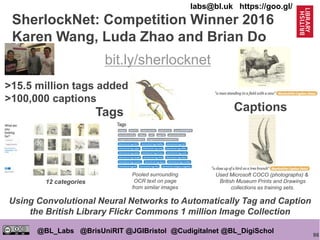 86
@BL_Labs @BrisUniRIT @JGIBristol @Cudigitalnet @BL_DigiSchol
labs@bl.uk https://goo.gl/
SherlockNet: Competition Winner 2016
Karen Wang, Luda Zhao and Brian Do
Using Convolutional Neural Networks to Automatically Tag and Caption
the British Library Flickr Commons 1 million Image Collection
12 categories
>15.5 million tags added
>100,000 captions
bit.ly/sherlocknet
Pooled surrounding
OCR text on page
from similar images
Used Microsoft COCO (photographs) &
British Museum Prints and Drawings
collections as training sets.
Tags Captions
 