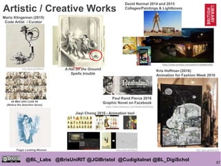 87
@BL_Labs @BrisUniRIT @JGIBristol @Cudigitalnet @BL_DigiSchol
labs@bl.uk https://goo.gl/
http://goo.gl/dM8ieA
Mario Klingeman (2015)
Code Artist / Curator
http://goo.gl/bNxGZZ
Kris Hoffman (2016)
Animation for Fashion Week 2016
https://goo.gl/QilqqT
Jiayi Chong 2016 - Animation tool
https://www.facebook.com/RealmlandStory/
Paul Rand Pierce 2016
Graphic Novel on Facebook
Tragic Looking Women
44 Men who Look 44
(Notice the direction faces)
A Hat on the Ground
Spells trouble
Artistic / Creative Works
https://www.youtube.com/watch?v=Q3SBxO34Zlc
David Normal 2014 and 2015
Collages/Paintings & Lightboxes
 