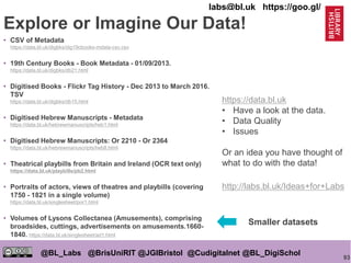 93
@BL_Labs @BrisUniRIT @JGIBristol @Cudigitalnet @BL_DigiSchol
labs@bl.uk https://goo.gl/
Explore or Imagine Our Data!
• CSV of Metadata
https://data.bl.uk/digbks/dig19cbooks-mdata-csv.csv
• 19th Century Books - Book Metadata - 01/09/2013.
https://data.bl.uk/digbks/db21.html
• Digitised Books - Flickr Tag History - Dec 2013 to March 2016.
TSV
https://data.bl.uk/digbks/db15.html
• Digitised Hebrew Manuscripts - Metadata
https://data.bl.uk/hebrewmanuscripts/heb1.html
• Digitised Hebrew Manuscripts: Or 2210 - Or 2364
https://data.bl.uk/hebrewmanuscripts/heb8.html
• Theatrical playbills from Britain and Ireland (OCR text only)
https://data.bl.uk/playbills/pb2.html
• Portraits of actors, views of theatres and playbills (covering
1750 - 1821 in a single volume)
https://data.bl.uk/singlesheet/por1.html
• Volumes of Lysons Collectanea (Amusements), comprising
broadsides, cuttings, advertisements on amusements.1660-
1840. https://data.bl.uk/singlesheet/ad1.html
https://data.bl.uk
• Have a look at the data.
• Data Quality
• Issues
Or an idea you have thought of
what to do with the data!
http://labs.bl.uk/Ideas+for+Labs
Smaller datasets
 