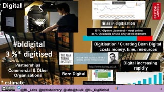 14@BL_Labs @britishlibrary @labs@bl.uk @BL_DigiSchol
#bldigital
3 %* digitised
* estimate
Digital
Partnerships
Commercial & Other
Organisations
Bias in digitisation
http://goo.gl/bR9UJL Sample Generator
15 %* Openly Licensed – most online
85 %* Available onsite only at the moment
Digitisation / Curating Born Digital
costs money, time, resources
http://www.turing.ac.uk
Digital increasing
rapidly
Born Digital
http://www.webarchive.org.uk/ukwa/
 