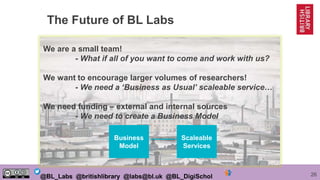 26@BL_Labs @britishlibrary @labs@bl.uk @BL_DigiSchol
We are a small team!
- What if all of you want to come and work with us?
We want to encourage larger volumes of researchers!
- We need a ‘Business as Usual’ scaleable service…
We need funding – external and internal sources
- We need to create a Business Model
The Future of BL Labs
Business
Model
Scaleable
Services
 