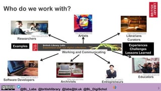3@BL_Labs @britishlibrary @labs@bl.uk @BL_DigiSchol
Who do we work with?
Researchers
https://goo.gl/WutNyi Artists
http://goo.gl/nNKhQ2
Librarians
Curators
https://goo.gl/9NWZUW
Software Developers
https://goo.gl/7QQ5Tf
Archivists
https://goo.gl/x7b4tg
Educators
https://goo.gl/qh01Mi
Working and Communicating
Examples Experiences
Challenges
Lessons Learned
Entrepreneurs
https://goo.gl/Fx8RG7
 