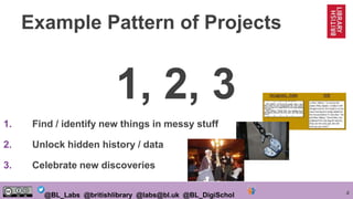 4@BL_Labs @britishlibrary @labs@bl.uk @BL_DigiSchol
Example Pattern of Projects
1, 2, 3
1. Find / identify new things in messy stuff
2. Unlock hidden history / data
3. Celebrate new discoveries
 