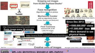 6@BL_Labs @britishlibrary @labs@bl.uk @BL_DigiSchol
Worked better for female faces than men’s
Press
http://mechanicalcurator.tumblr.com
Posts image every 30 minutes
http://www.flickr.com/photos/britishlibrary/
1,020,418 images
need tagging!
Creative uses of images
Face recognition
Algorithms based on photos
Mechanical Curator
with an algorithmic brain
(Circles, Squares and Slanty etc)
http://goo.gl/qPPgxX
Wikimedia
Flickr Commons
Individual URL & API
Snipping out images
from 65,000 Digitised Books*
>1000,000,000* views
>17,500,000* tags
https://goo.gl/FgZ4HM
Work @ BL by Ben O’Steen, Labs & Digital Research Team*Matt Prior - http://goo.gl/j29Tnx
Since Dec 2013
Tumblr
*Estimates
>More demand to see
physical items
 