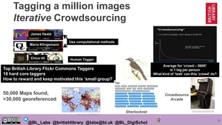 7@BL_Labs @britishlibrary @labs@bl.uk @BL_DigiSchol
Tagging a million images
Iterative Crowdsourcing
James Heald
Mario Klingemann
Chico 45
Use computational methods
Human Tagger
Top British Library Flickr Commons Taggers
18 hard core taggers
How to reward and keep motivated this ‘small group?
Average for ‘crowd – 500K’
is 1 tag per person
What kind of ‘task’ can this ‘crowd’ do?
50,000 Maps found,
>30,000 georeferenced
http://goo.gl/0APpE8Sherlocknet
http://goo.gl/HNQq5e
Crowdsource
Arcade
 