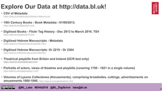 10
@BL_Labs #DHA2018 @BL_DigiSchol labs@bl.uk
Explore Our Data at http://data.bl.uk!
• CSV of Metadata
https://data.bl.uk/digbks/dig19cbooks-mdata-csv.csv
• 19th Century Books - Book Metadata - 01/09/2013.
https://data.bl.uk/digbks/db21.html
• Digitised Books - Flickr Tag History - Dec 2013 to March 2016. TSV
https://data.bl.uk/digbks/db15.html
• Digitised Hebrew Manuscripts - Metadata
https://data.bl.uk/hebrewmanuscripts/heb1.html
• Digitised Hebrew Manuscripts: Or 2210 - Or 2364
https://data.bl.uk/hebrewmanuscripts/heb8.html
• Theatrical playbills from Britain and Ireland (OCR text only)
https://data.bl.uk/playbills/pb2.html
• Portraits of actors, views of theatres and playbills (covering 1750 - 1821 in a single volume)
https://data.bl.uk/singlesheet/por1.html
• Volumes of Lysons Collectanea (Amusements), comprising broadsides, cuttings, advertisements on
amusements.1660-1840. https://data.bl.uk/singlesheet/ad1.html
 