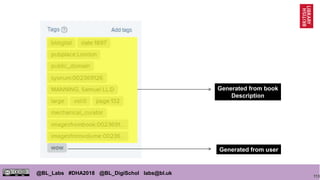 113
@BL_Labs #DHA2018 @BL_DigiSchol labs@bl.uk
Generated from book
Description
Generated from user
 