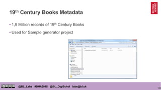120
@BL_Labs #DHA2018 @BL_DigiSchol labs@bl.uk
19th Century Books Metadata
• 1,9 Million records of 19th Century Books
• Used for Sample generator project
 