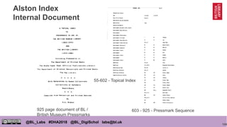 124
@BL_Labs #DHA2018 @BL_DigiSchol labs@bl.uk
Alston Index
Internal Document
55-602 - Topical Index
603 - 925 - Pressmark Sequence925 page document of BL /
British Museum Pressmarks
 