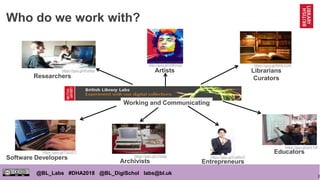 2
@BL_Labs #DHA2018 @BL_DigiSchol labs@bl.uk
Who do we work with?
Researchers
https://goo.gl/WutNyi Artists
http://goo.gl/nNKhQ2
Librarians
Curators
https://goo.gl/9NWZUW
Software Developers
https://goo.gl/7QQ5Tf
Archivists
https://goo.gl/x7b4tg
Educators
https://goo.gl/qh01Mi
Working and Communicating
Entrepreneurs
https://goo.gl/Fx8RG7
 