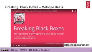 22
@BL_Labs #DHA2018 @BL_DigiSchol labs@bl.uk
Breaking Black Boxes – Melodee Beals
http://doi.org/cm3m
 