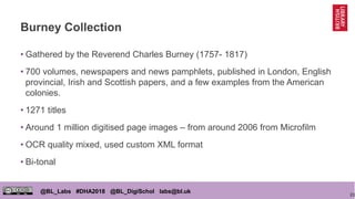 23
@BL_Labs #DHA2018 @BL_DigiSchol labs@bl.uk
Burney Collection
• Gathered by the Reverend Charles Burney (1757- 1817)
• 700 volumes, newspapers and news pamphlets, published in London, English
provincial, Irish and Scottish papers, and a few examples from the American
colonies.
• 1271 titles
• Around 1 million digitised page images – from around 2006 from Microfilm
• OCR quality mixed, used custom XML format
• Bi-tonal
 