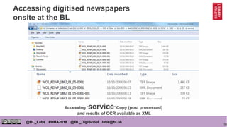 36
@BL_Labs #DHA2018 @BL_DigiSchol labs@bl.uk
Accessing digitised newspapers
onsite at the BL
Accessing ‘service’ Copy (post processed)
and results of OCR available as XML
 