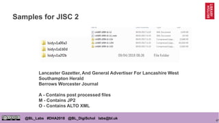 47
@BL_Labs #DHA2018 @BL_DigiSchol labs@bl.uk
Samples for JISC 2
Lancaster Gazetter, And General Advertiser For Lancashire West
Southampton Herald
Berrows Worcester Journal
A - Contains post processed files
M - Contains JP2
O - Contains ALTO XML
 