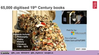 52
@BL_Labs #DHA2018 @BL_DigiSchol labs@bl.uk
65,000 digitised 19th Century books
Image: Artwork by Alicia Martin 2007 / 2008
Paid for by:
For a full list:
https://goo.gl/HqPQMS
Subjects include:
Philosophy
Poetry
History
Literature
1789 - 1876
 