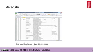 55
@BL_Labs #DHA2018 @BL_DigiSchol labs@bl.uk
Metadata
MicrosoftBooks.xls - Over 65,000 titles
 