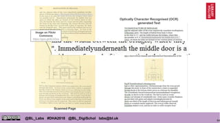 64
@BL_Labs #DHA2018 @BL_DigiSchol labs@bl.uk
Optically Character Recognised (OCR)
generated Text
Scanned Page
Image on Flickr
Commons
https://goo.gl/AC43vs
 