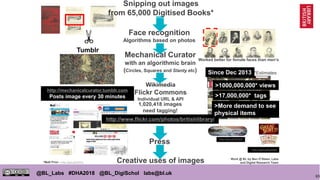 65
@BL_Labs #DHA2018 @BL_DigiSchol labs@bl.uk
Worked better for female faces than men’s
Press
http://mechanicalcurator.tumblr.com
Posts image every 30 minutes
http://www.flickr.com/photos/britishlibrary/
1,020,418 images
need tagging!
Creative uses of images
Face recognition
Algorithms based on photos
Mechanical Curator
with an algorithmic brain
(Circles, Squares and Slanty etc)
http://goo.gl/qPPgxX
Wikimedia
Flickr Commons
Individual URL & API
Snipping out images
from 65,000 Digitised Books*
>1000,000,000* views
>17,000,000* tags
https://goo.gl/FgZ4HM
Work @ BL by Ben O’Steen, Labs
and Digital Research Team*Matt Prior - http://goo.gl/j29Tnx
Since Dec 2013
Tumblr
*Estimates
>More demand to see
physical items
 