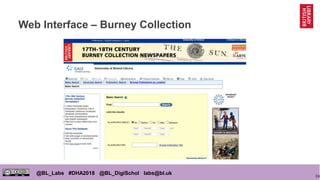 24
@BL_Labs #DHA2018 @BL_DigiSchol labs@bl.uk
Web Interface – Burney Collection
 