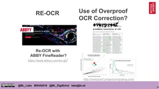 50
@BL_Labs #DHA2018 @BL_DigiSchol labs@bl.uk
Use of Overproof
OCR Correction?
Re-OCR with
ABBY FineReader?
https://www.ab...